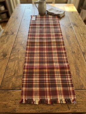 Farmhouse Plaid Table Runner 13” x 36” Fall Colors Brown Orange Gold NOS
